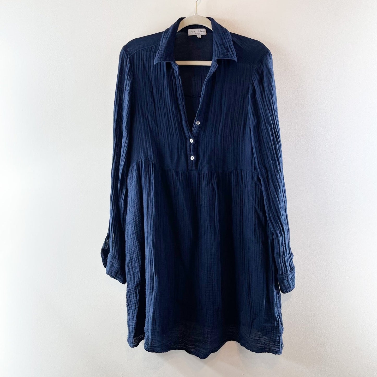 Michael Stars Kimberly Gauze Long Sleeve Mini Shirt Dress Dark Blue Medium