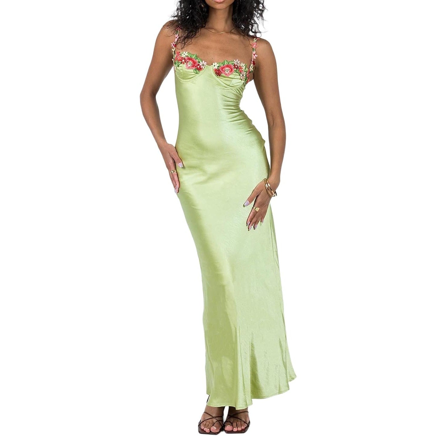 Bobbles & Lace Satin Sleeveless Maxi Slip Dress with Floral Applique Green Small