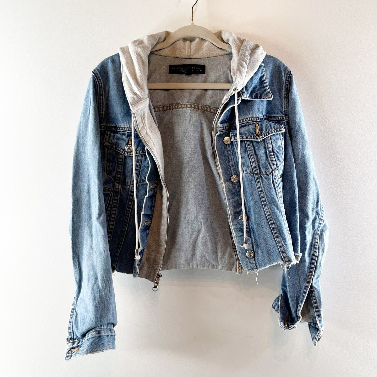 Veronica Beard Cara Cropped Layered Raw Hem Jean Denim Jacket Blue Large