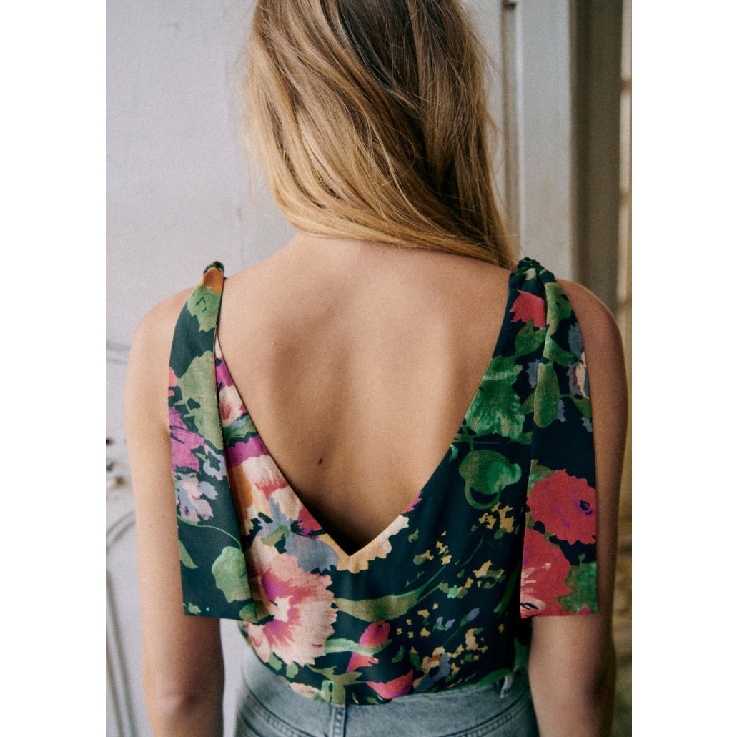 Sézane Lara Sleeveless Tie Shoulder Blouse Top Vibrant Multi-Color Floral 34