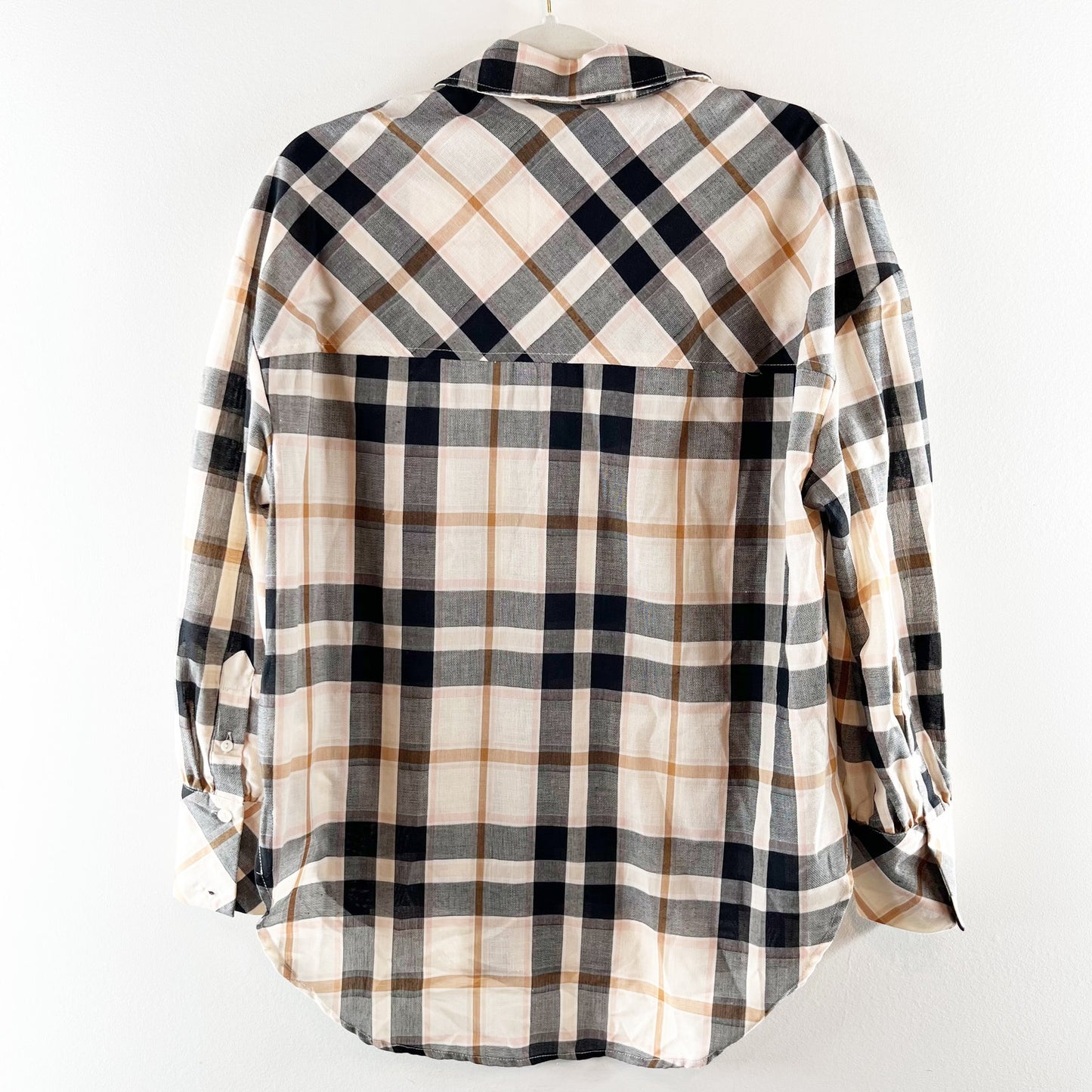 Sanctuary Long Sleeve Plaid Flannel Button Down Shirt Beige Tan Black XS