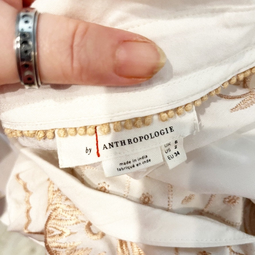 Anthropologie Kathryn Embroidered Short Sleeve Blouse Top White US 2