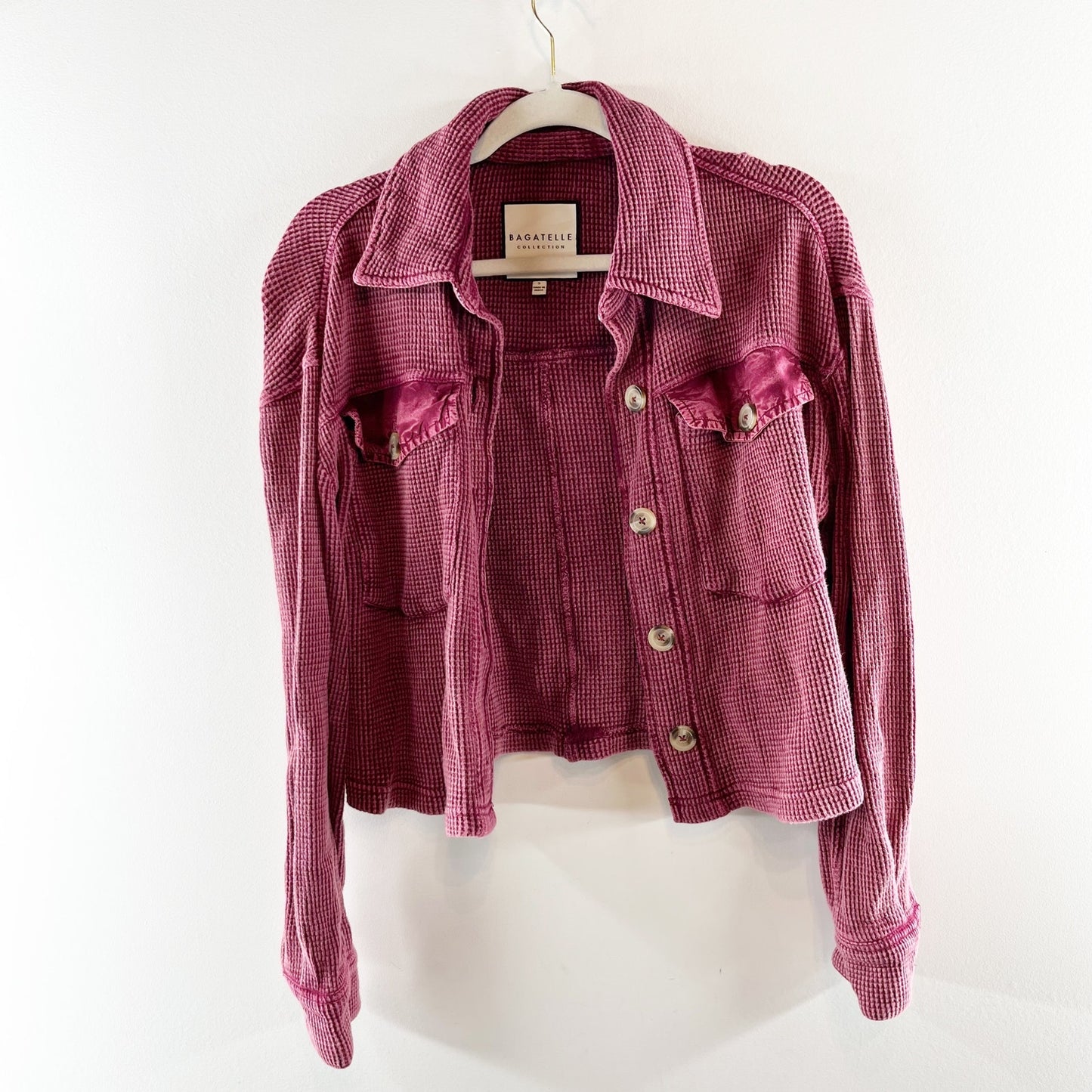 Bagatelle Thermal Waffle Knit Long Sleeve Button Up Shirt Jacket Shacket Red S