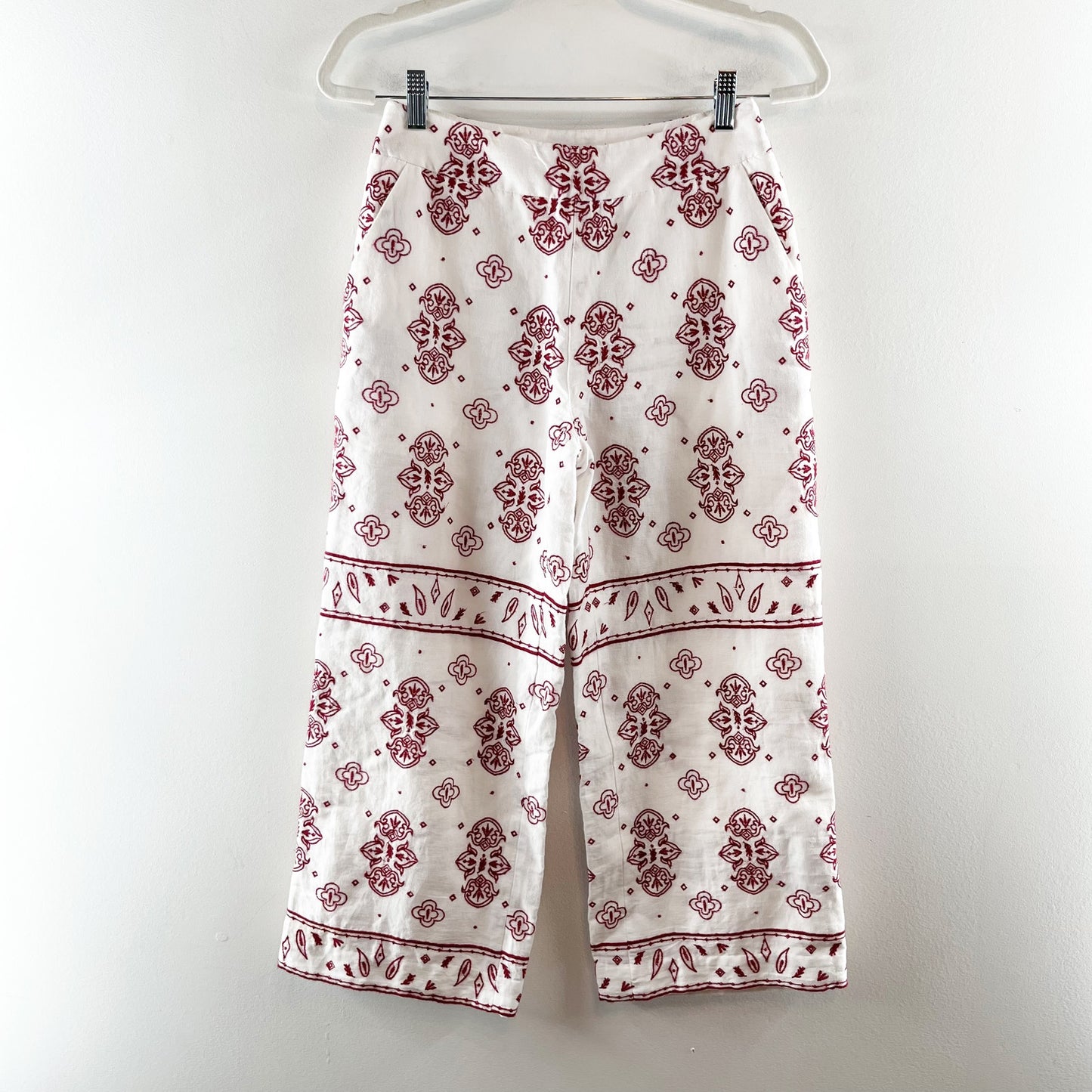 Ett: twa Jadida Embroidered Wide Leg Linen Blend Cropped Pants White Red 0 P