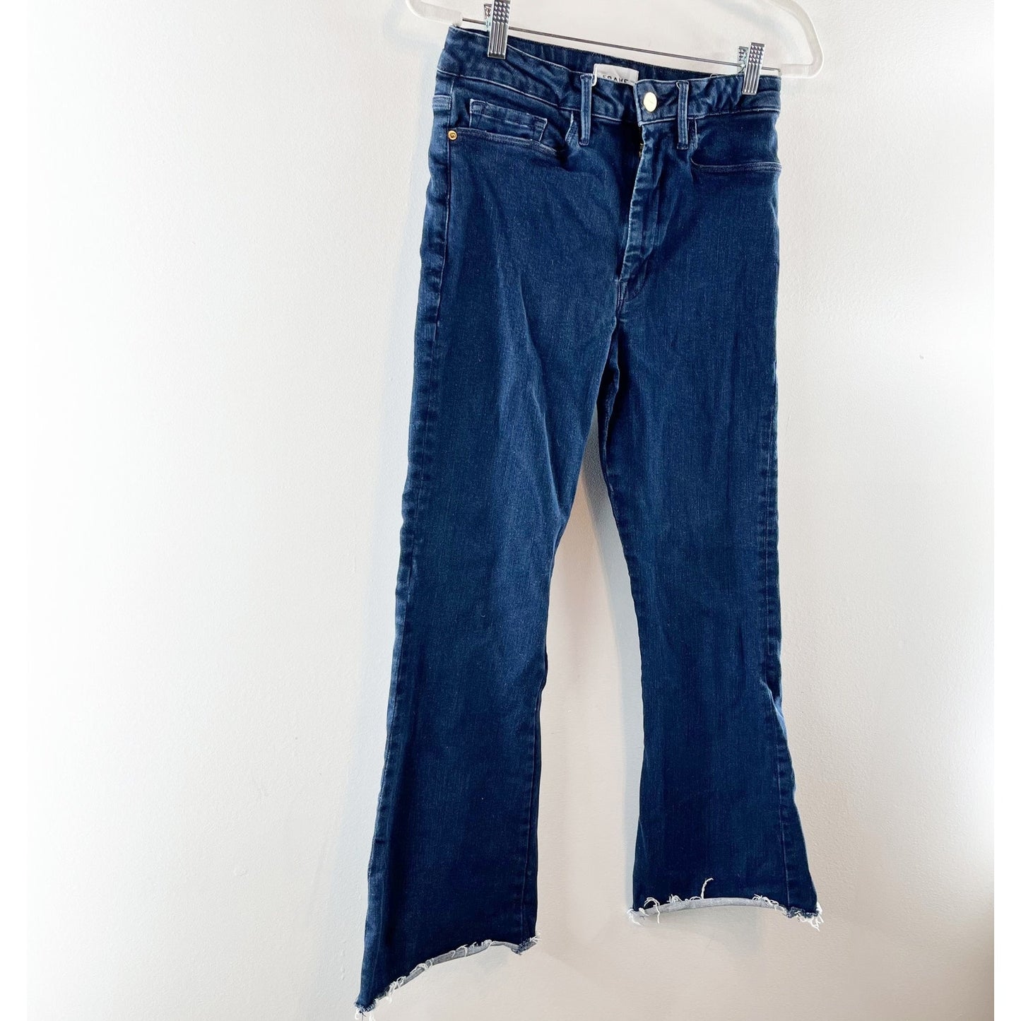 Frame Le One Organic Cotton High Waisted Denim Frayed Hem Flare Jeans Keller 2