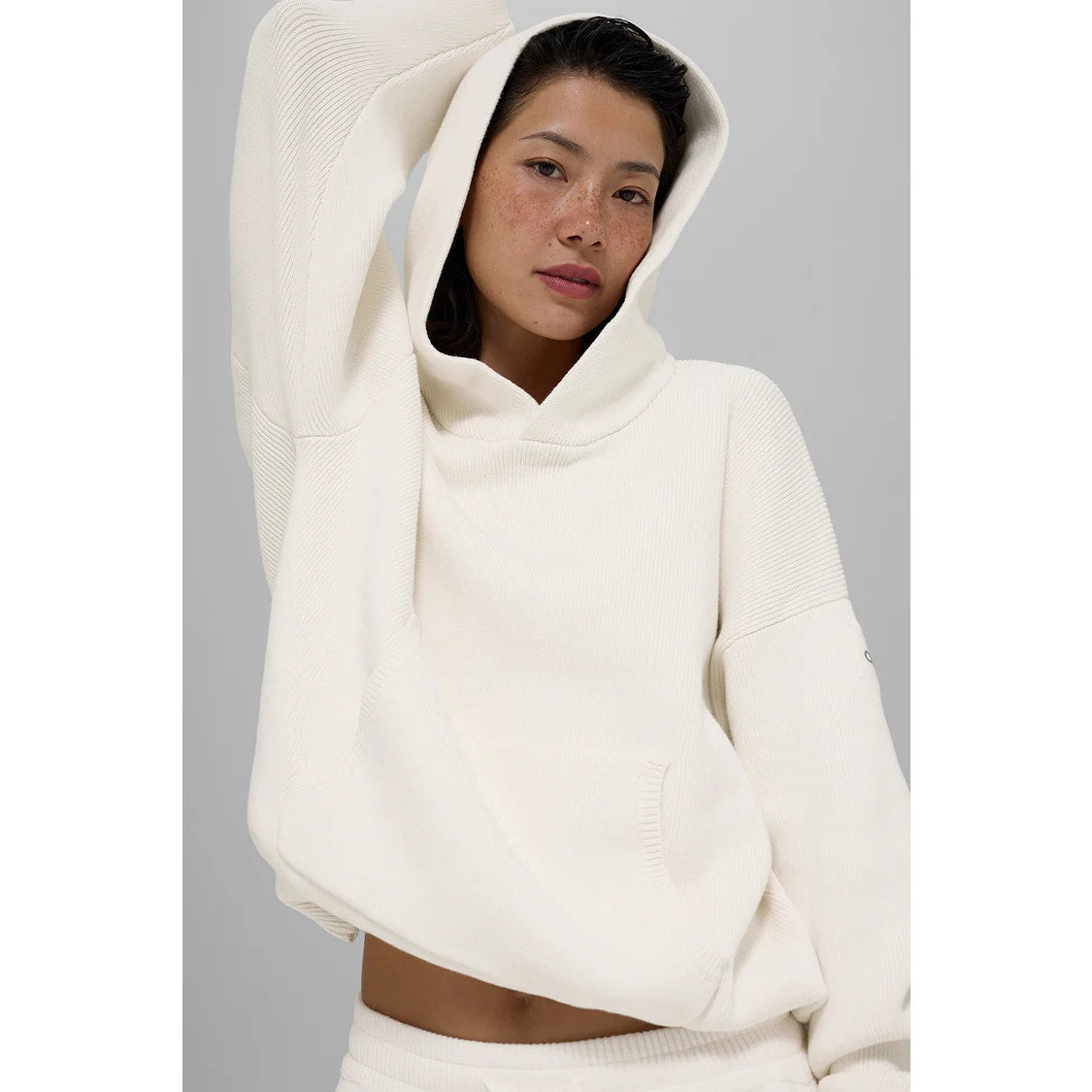 Alo Yoga Scholar Long Sleeve Cozy Knit Pullover Hooded Sweater Ivory Cream XXS