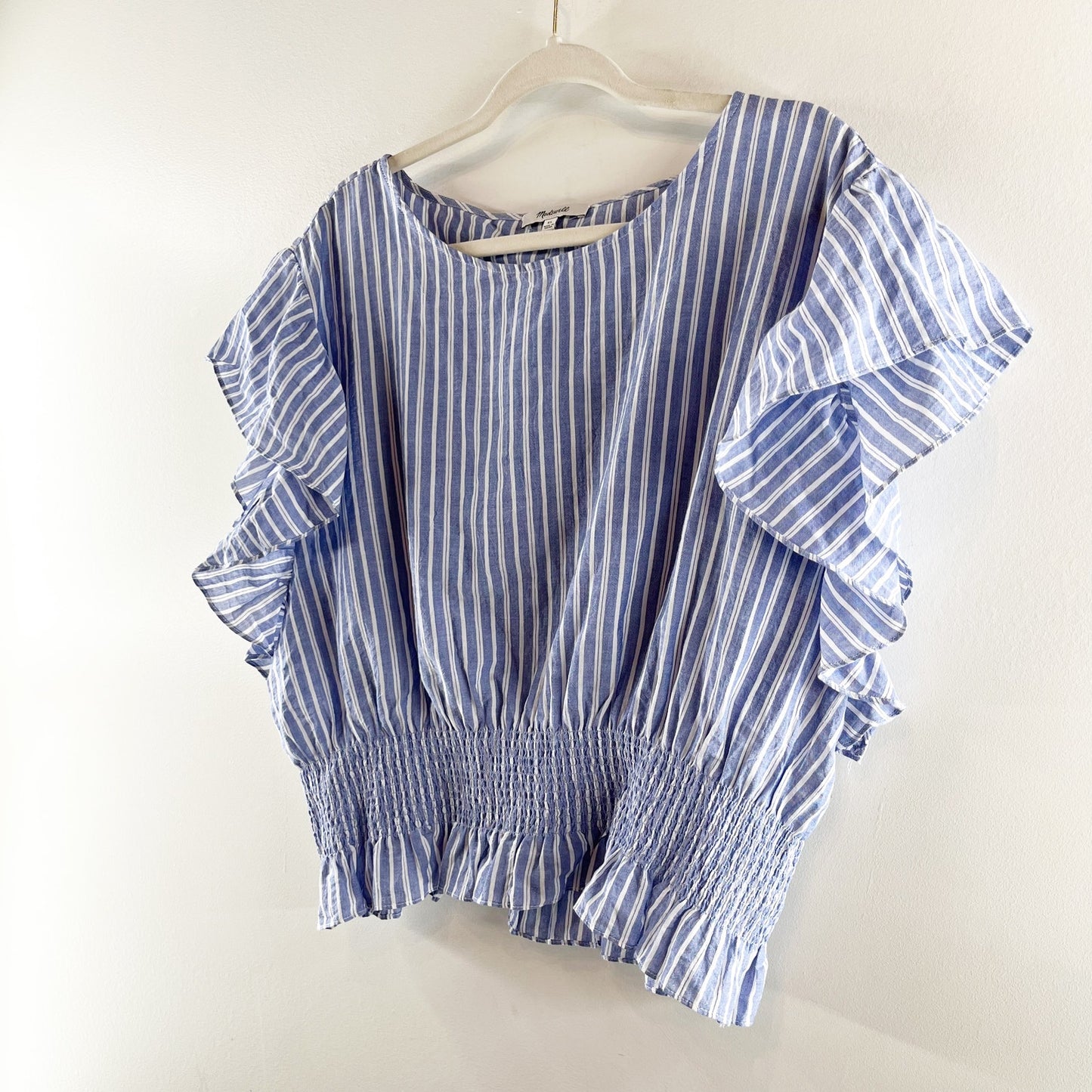 Madewell Flutter Sleeve Smocked Waist Striped Top Blue XL