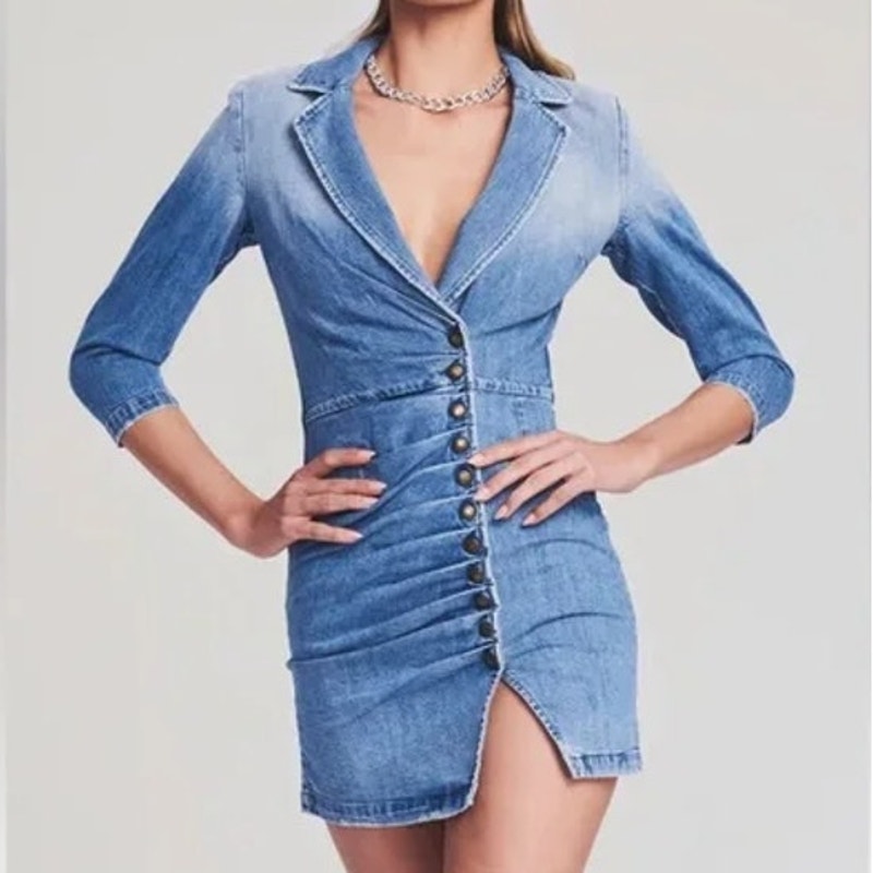 Retrofete Willa Long Sleeve Snap Button Light Wash Denim Mini Dress Blue Small