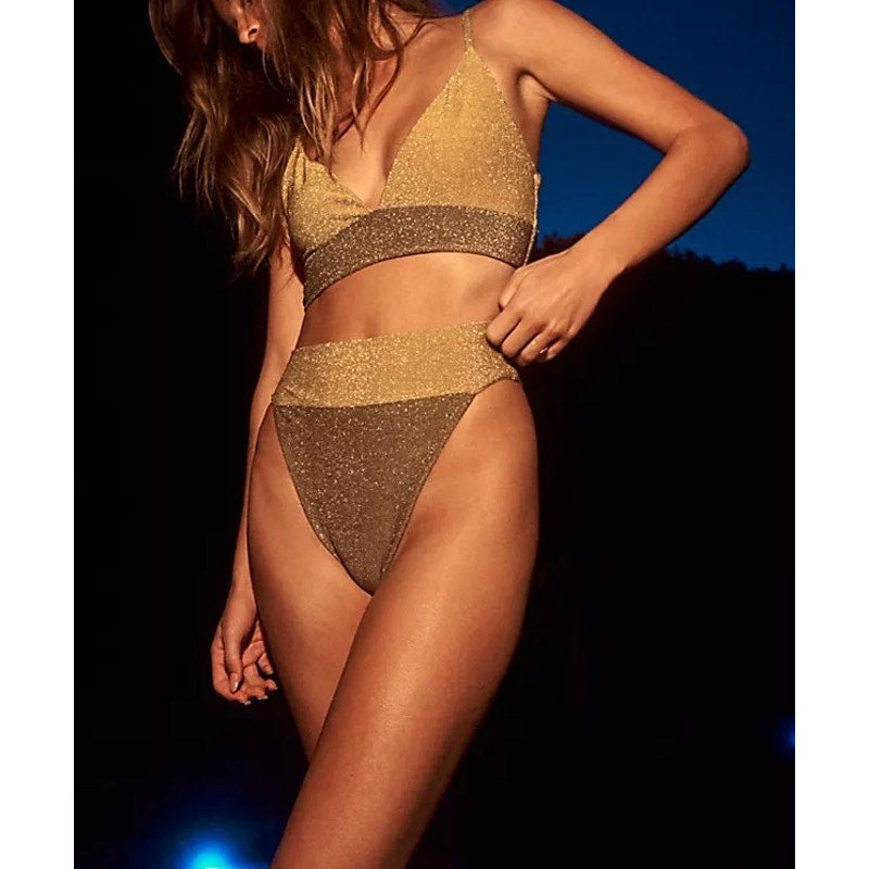 Beach Riot Noah Triangle Bikini Top Oren High Rise Bikini Bottom Set Gold M/ XL