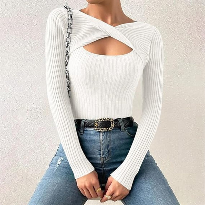 Ramy Brook Twist Detail Cut Out Long Sleeve Fitted Knit Sweater White XXS