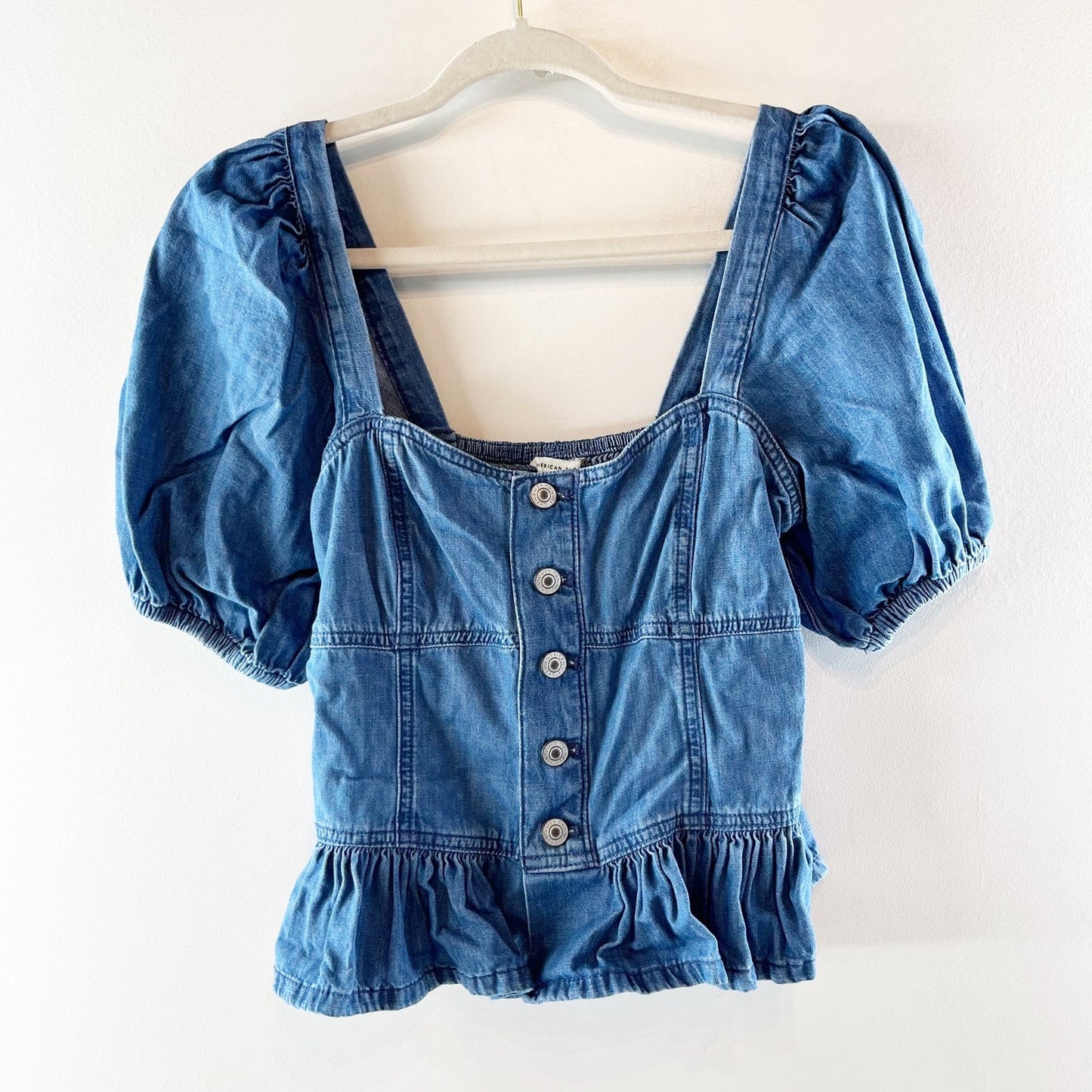 American Eagle Square Neck Puff Short Sleeve Peplum Hem Denim Top Blue Small