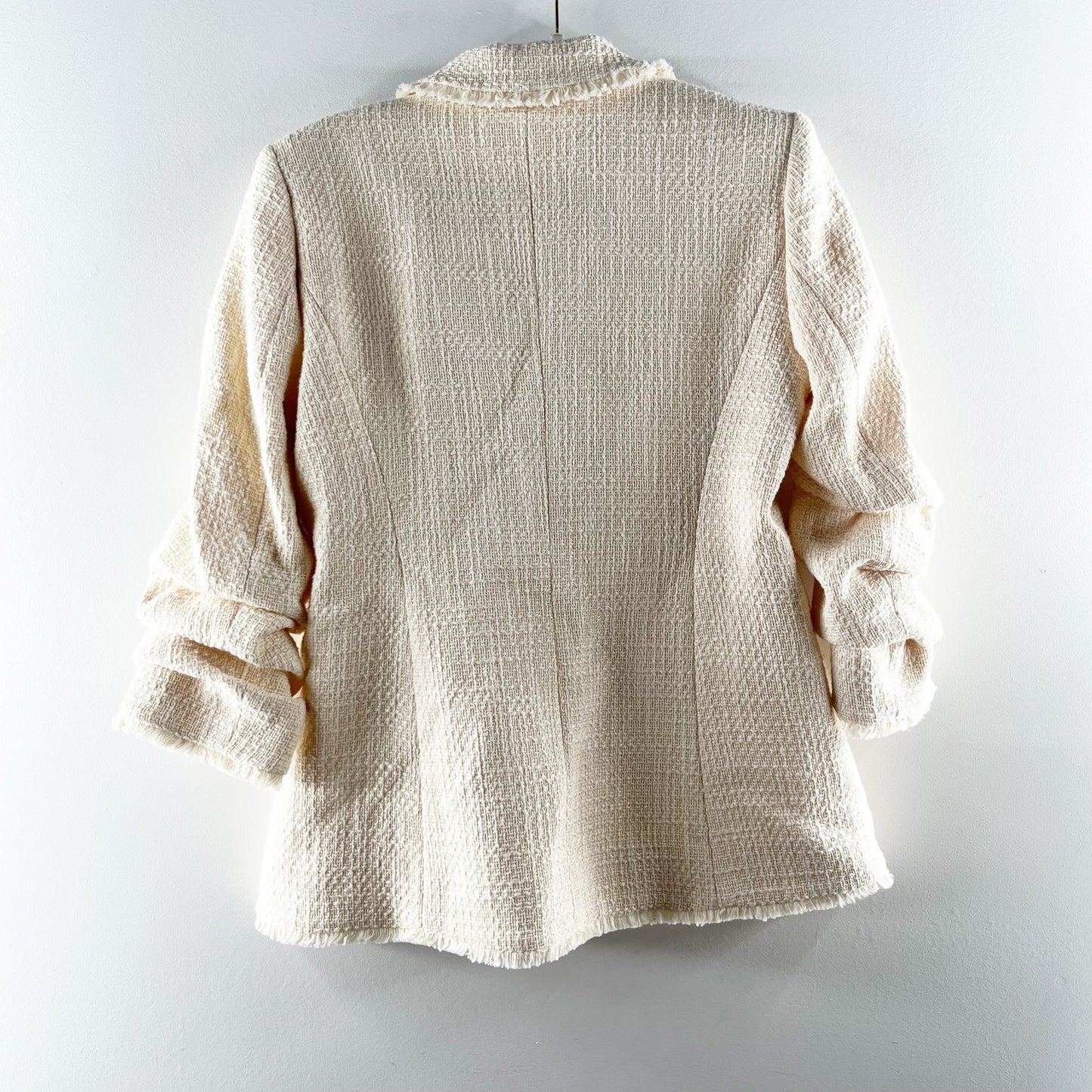 Elie Tahari Tweed Fringe Single Button Ruched Sleeve Blazer Jacket Cream 8