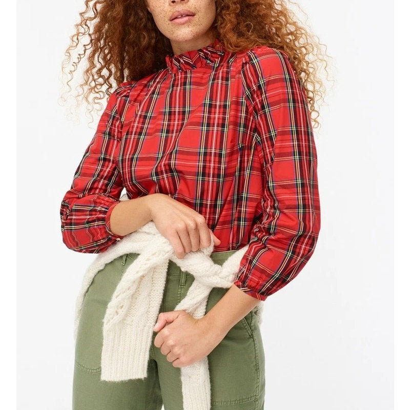 J. Crew Tartan Plaid Long Sleeve Ruffle Neck Blouse Top Red Plus 2X