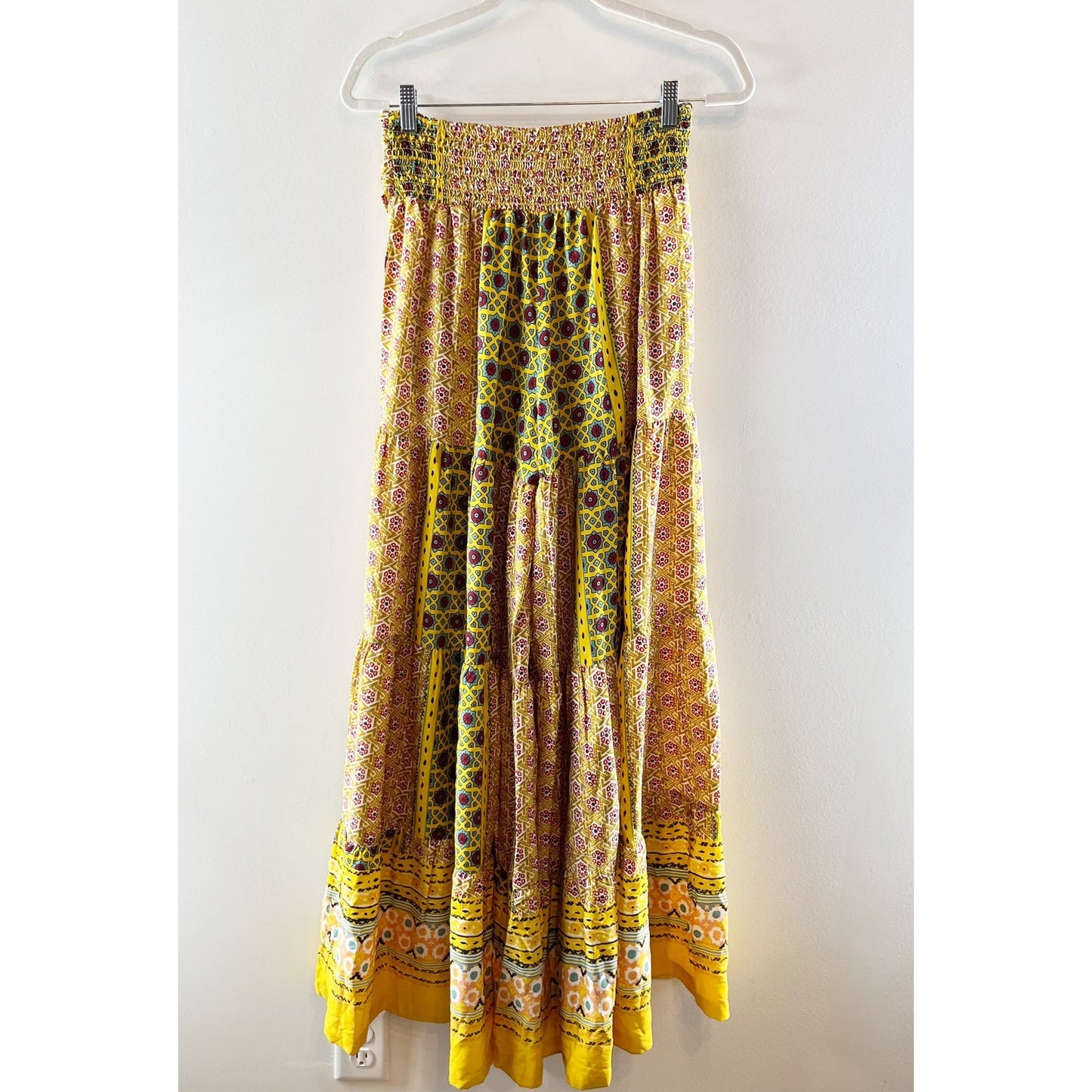 SMF Floral Print Smocked High Rise Tie Waist Wide Leg Pants Yellow Green Medium