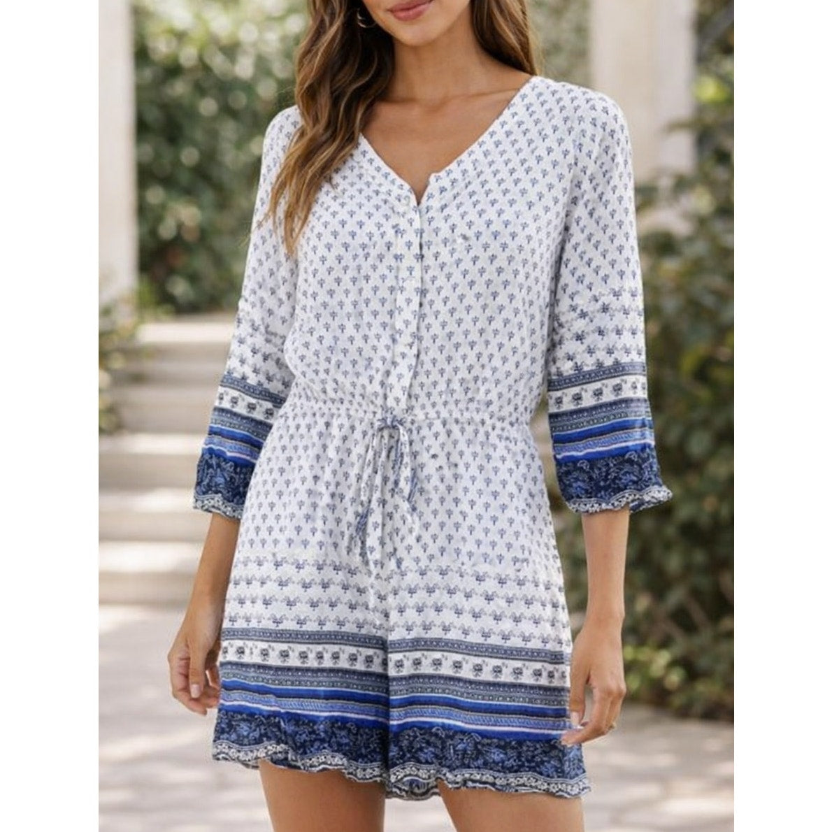Solitaire Swim 3/4 Sleeve Printed Boho Romper Swim Cover Up White Blue Medium