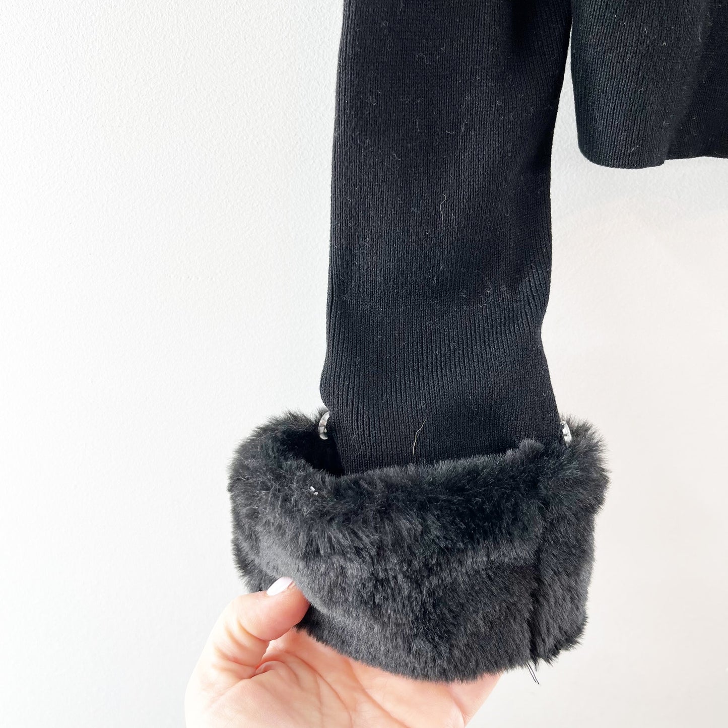 Wayf Long Sleeve Button Front Cropped Cardigan with Faux Fur Cuffs Black Medium