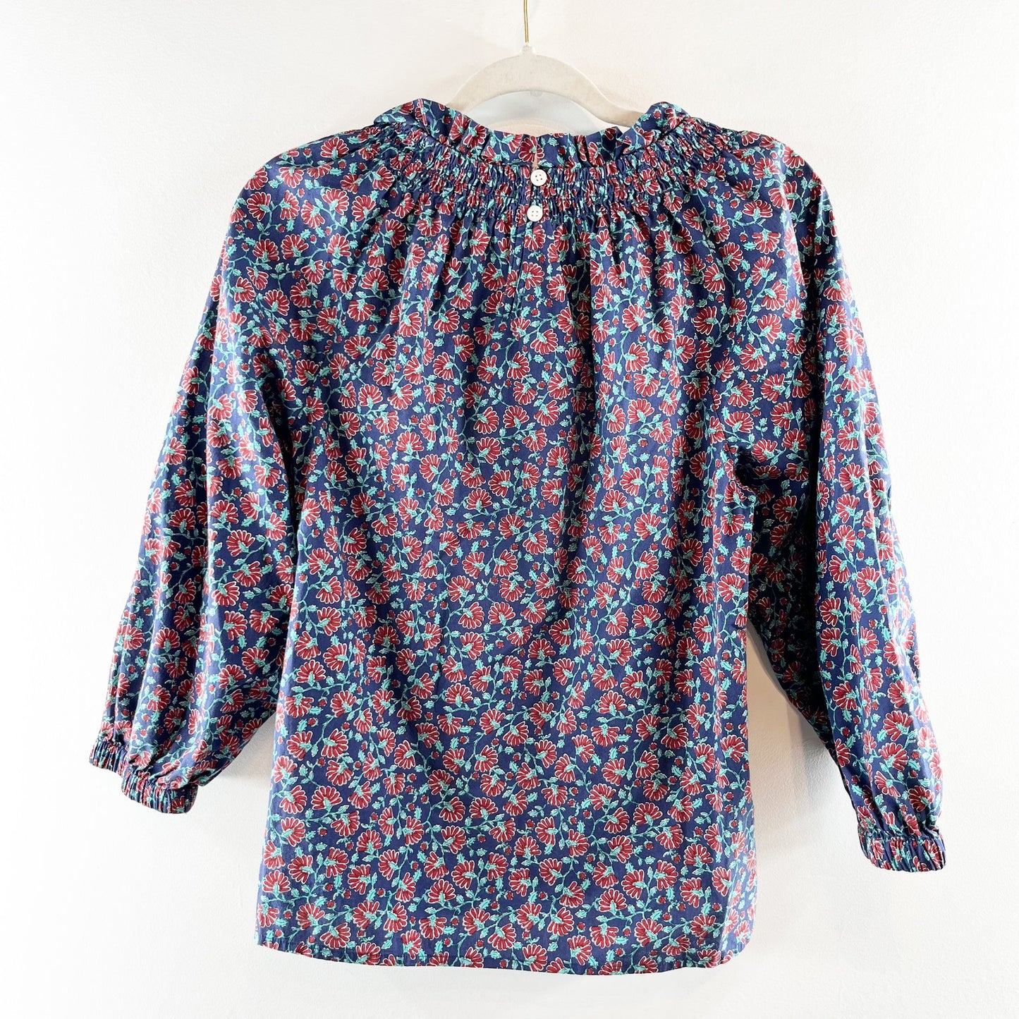 J. Crew Smocked Neck Long Sleeve Floral Blouse Top Blue Purple Small