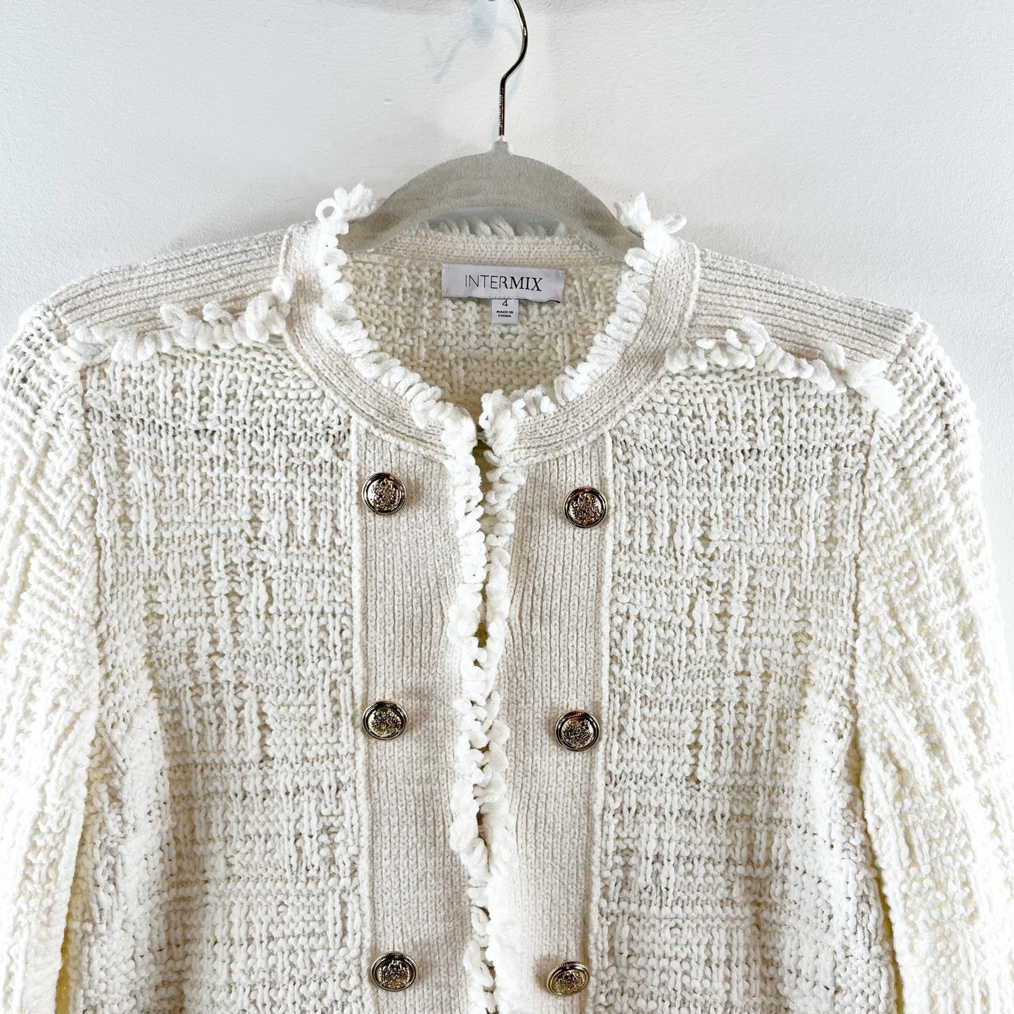 Intermix Lila Long Sleeve Raw Edges Gold Button Cropped Knit Jacket Ivory 4