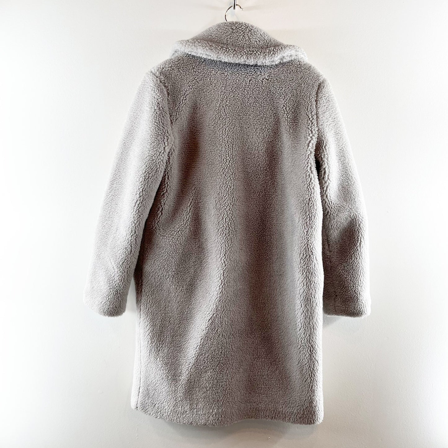 Gap Long Sleeve Notch Lapel Mid-Length Sherpa Teddy Overcoat Silver Grey Small