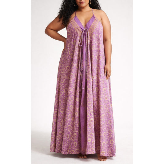 Dharma Silk Blend Boho Printed Racerback Maxi Dress Pink Purple One Size