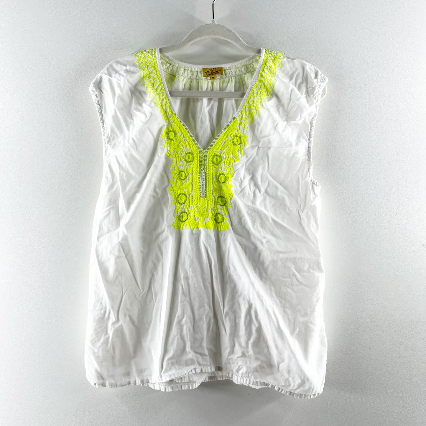 Roberta Roller Rabbit 100% Cotton Embroidered V-Neck Blouse White Green Medium