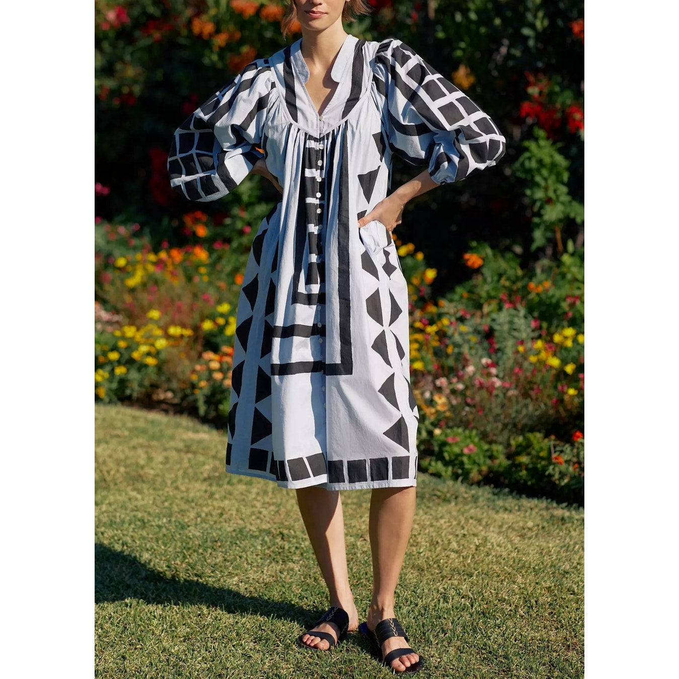 Anthropologie Kinga Csilla Geo Tunic Cotton Midi Dress Blue Black Medium