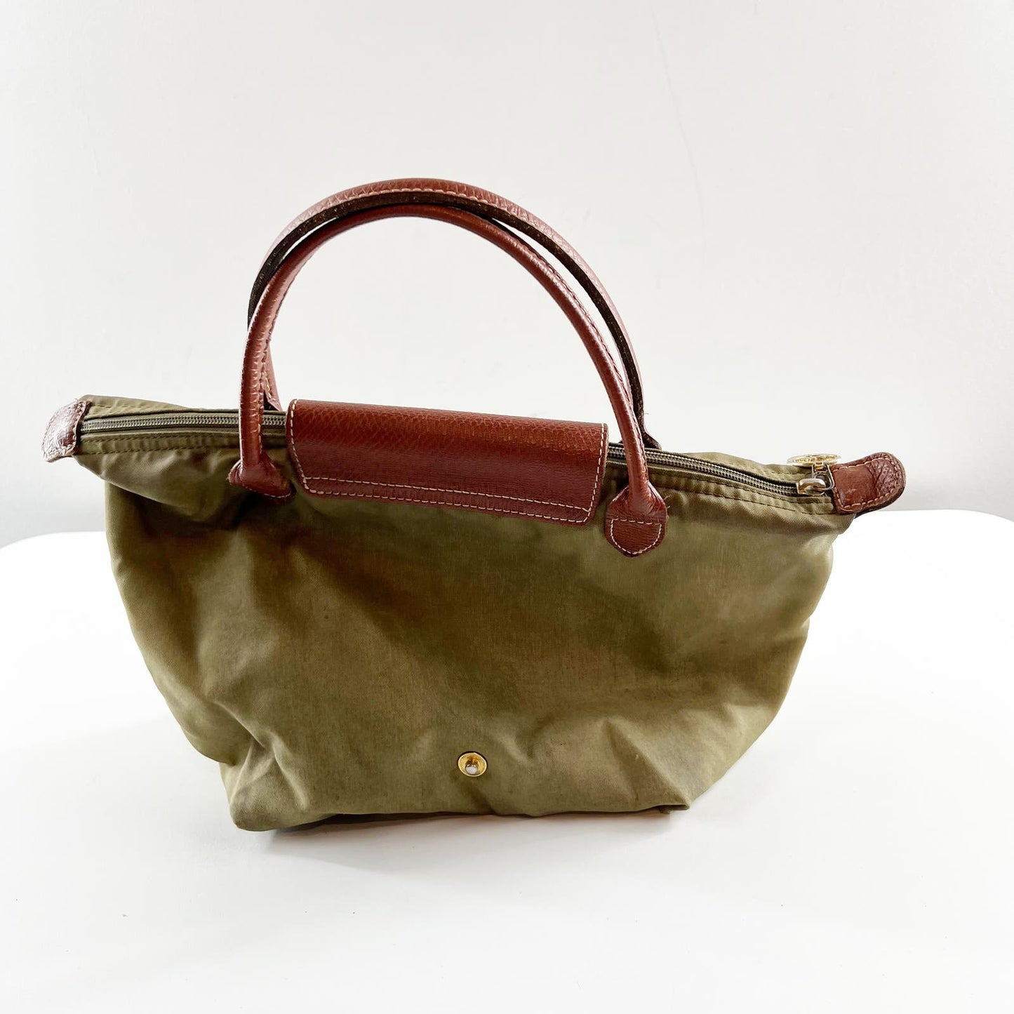 Longchamp Purse Le Pliage Small Top Handle Nylon Army Green Brown