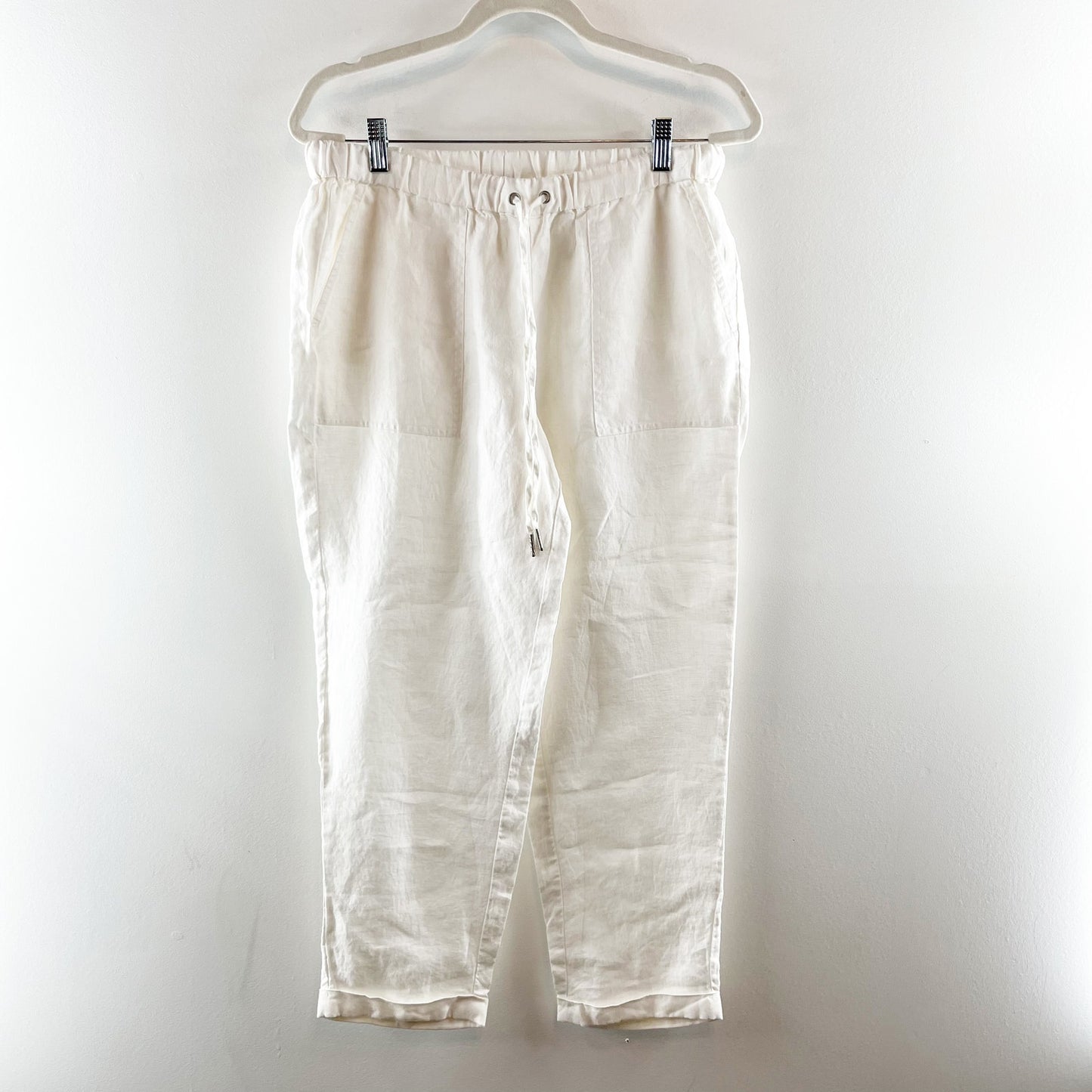 Pure Navy High Rise Linen Pull On Elastic Waist Ankle Pants White Medium