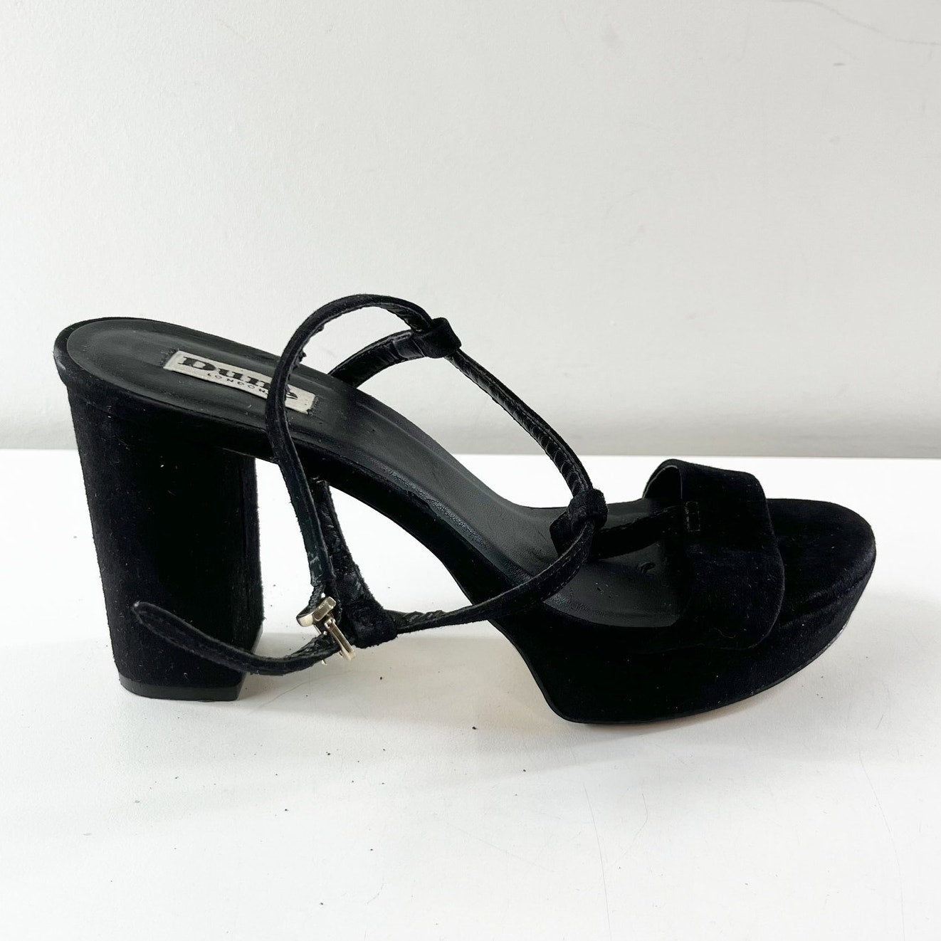 Dune London Ankle Strap Platform Suede Velvet Pumps Sandals Shoes Black 8.5