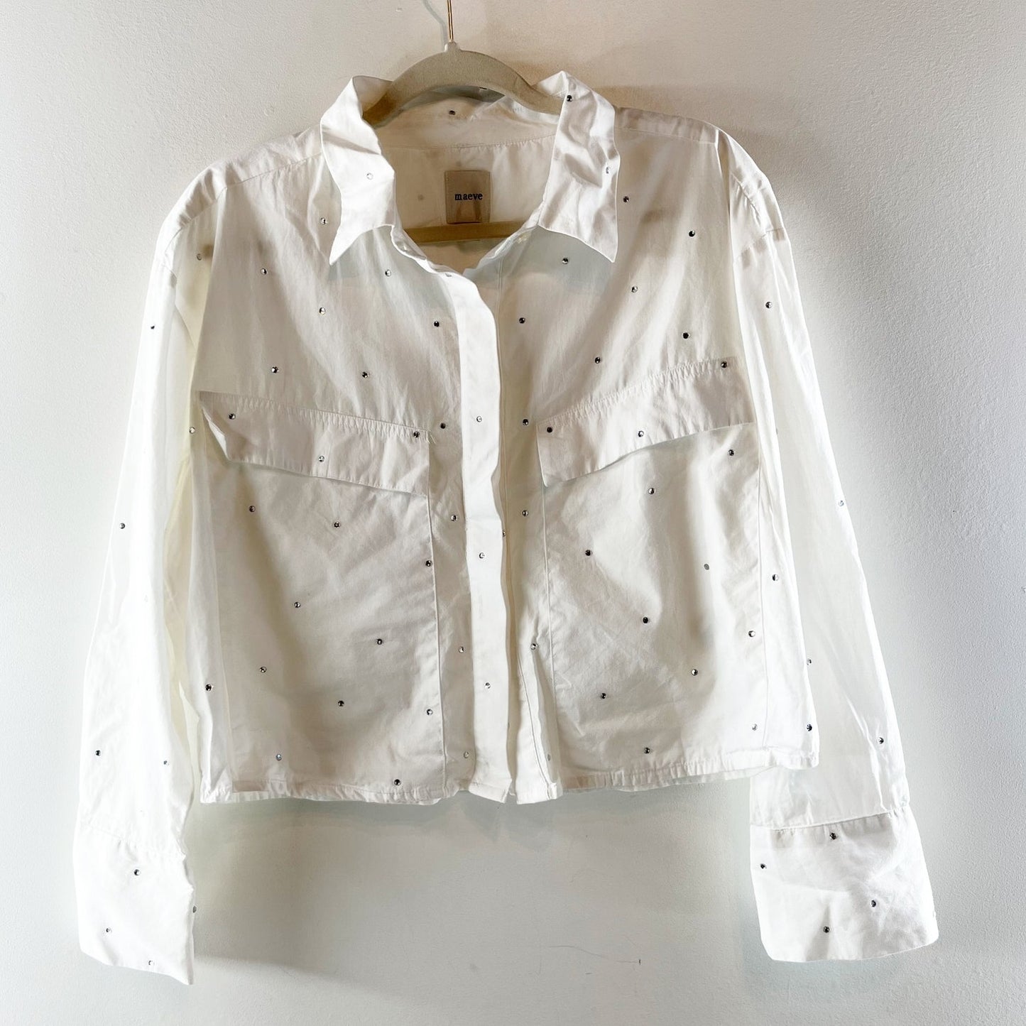 Maeve Anthropologie Patch Pocket Rhinestone Studded Crop Buttondown Shirt White