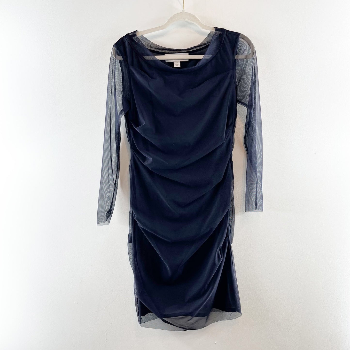 Sara Campbell Ruched Drapey Mesh Sleeve Lined Sheer Overlay Shift Dress Blue 4