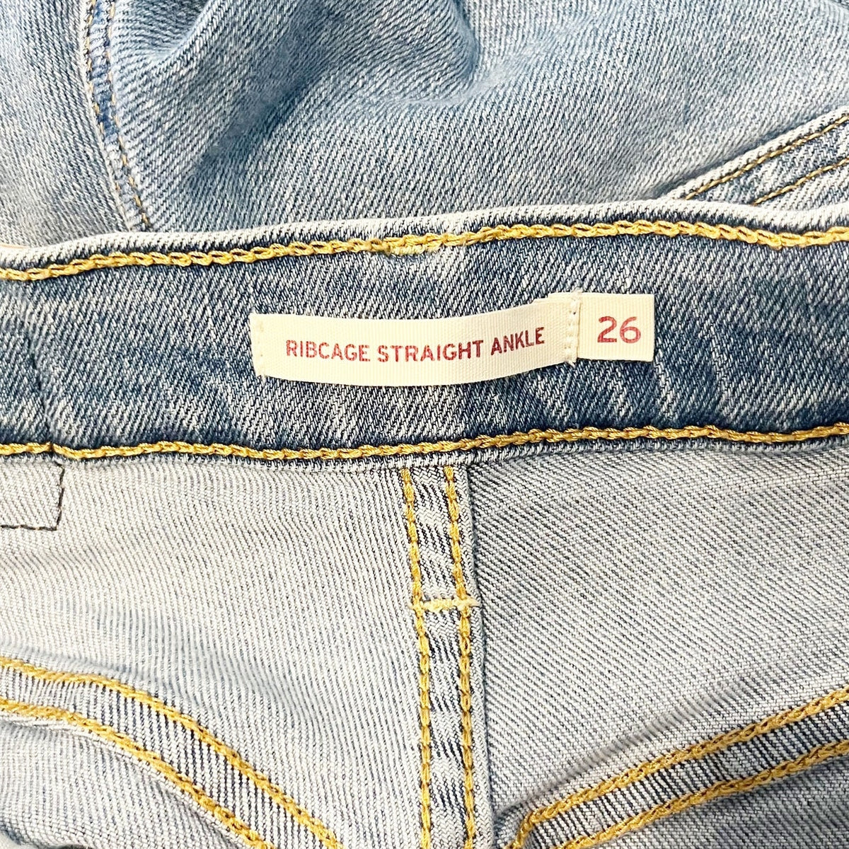 Levi's Ribcage High Rise Straight Leg Distressed Jeans Light Wash Blue 26