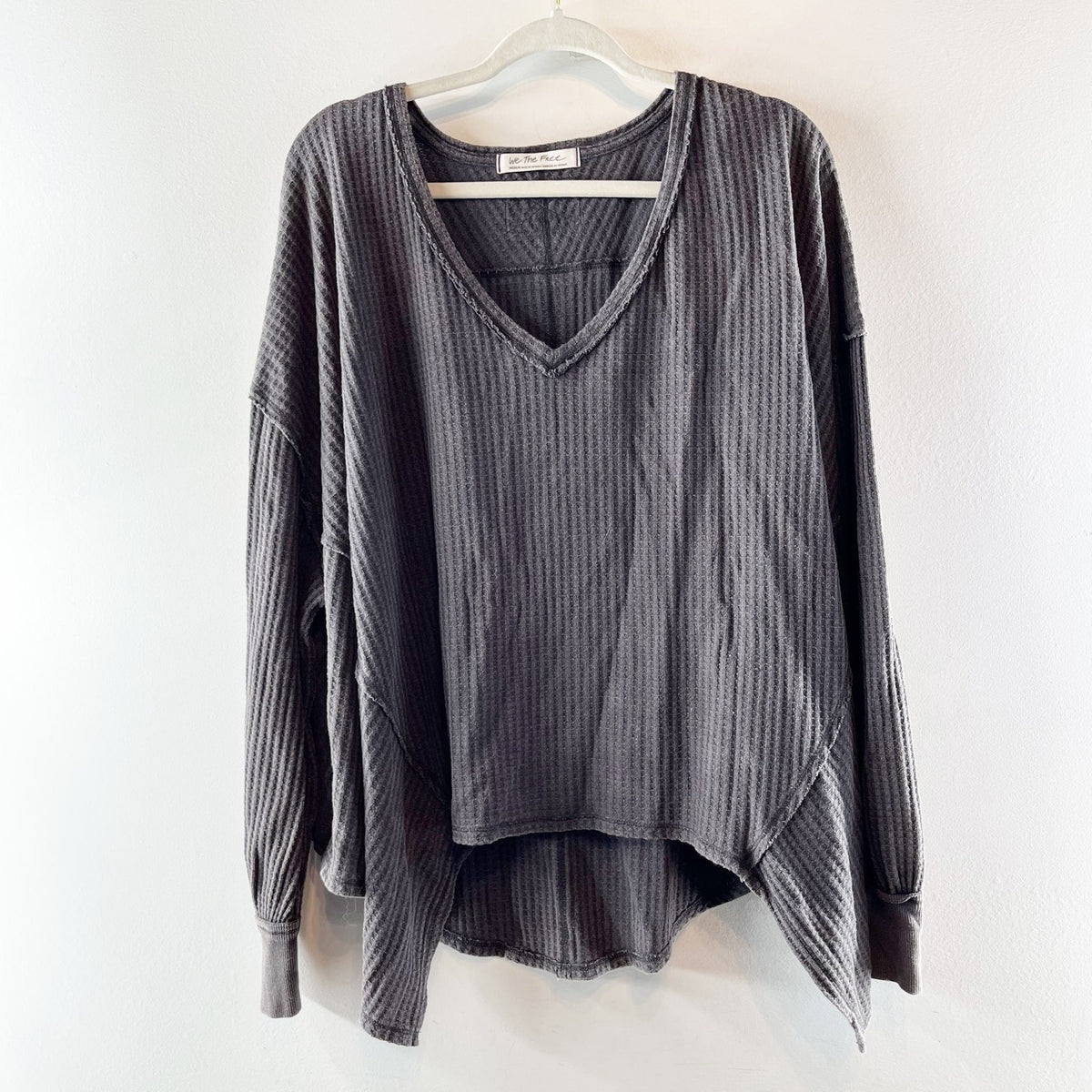 Free People Coraline Long Sleeve V-Neck Thermal Top Charcoal Black Medium