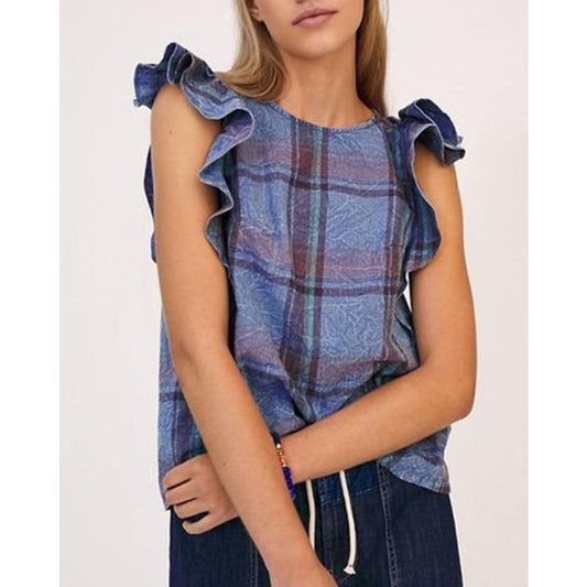 Anthropologie Amarette Plaid Tartan Ruffle Sleeve Top Blouse Blue Red XXS