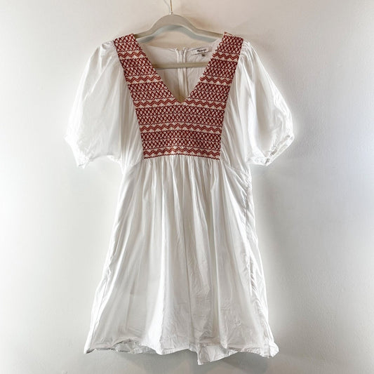 Madewell Embroidered V Neck Poplin Short Sleeve Mini Dress White XS