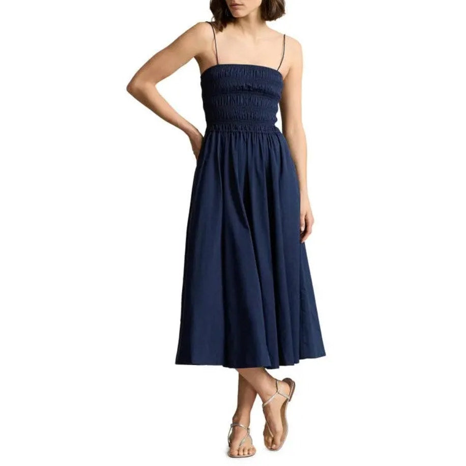 LOFT Smocked Bodice Square Neck Sleeveless Midi Sundress Dress Navy Blue Small