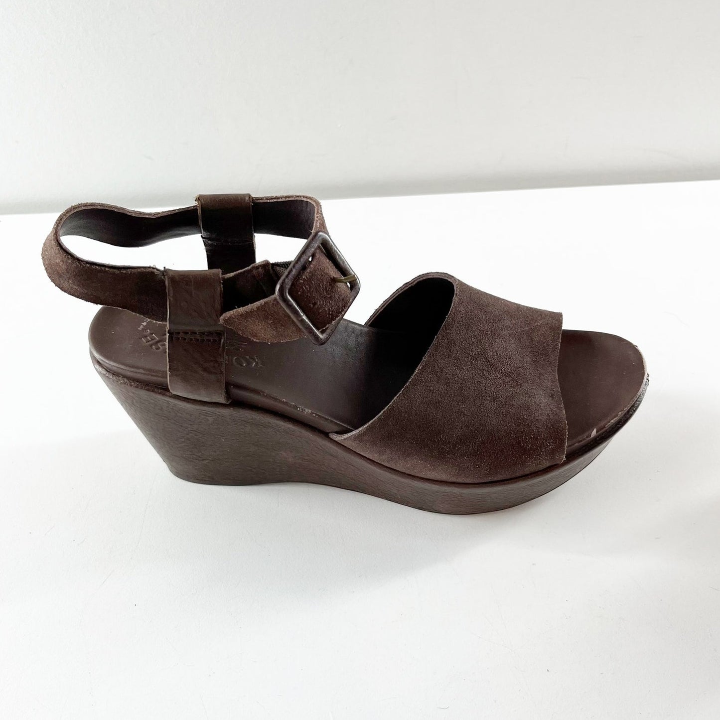 Kork-Ease Leather Ankle Strap Wedge Heel Platform Sandals Dark Chocolate Brown 7