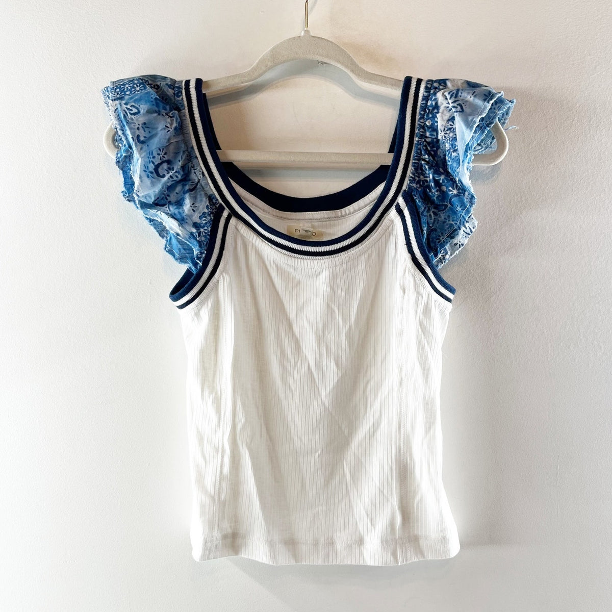 Pilcro Anthropologie Ruffle Cap Short Sleeve Scoopneck Tee Shirt White Blue M
