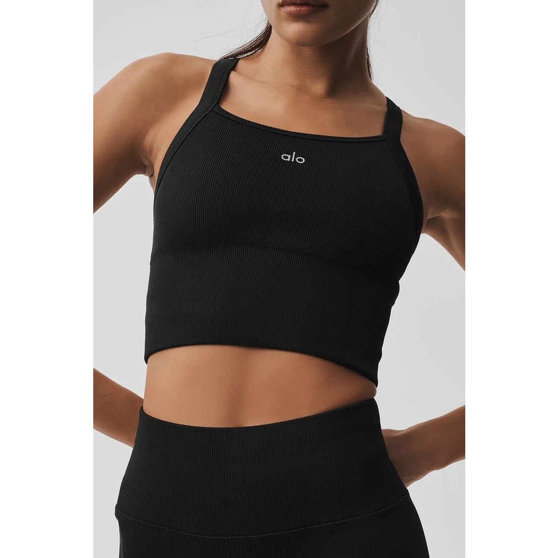 Alo Seamless Ribbed Favorite Bra Cropped Fitted Tank Top Black Small