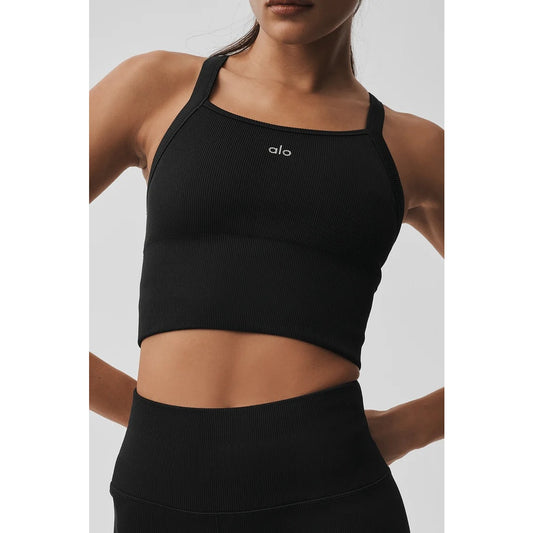 Alo Seamless Ribbed Favorite Bra Cropped Fitted Tank Top Black Small