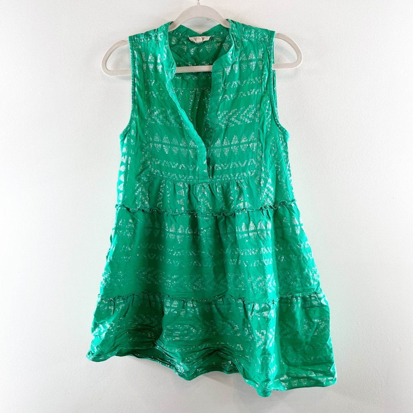 Elan Sleeveless V Neck Metallic Tiered Babydoll Mini Dress Green Small