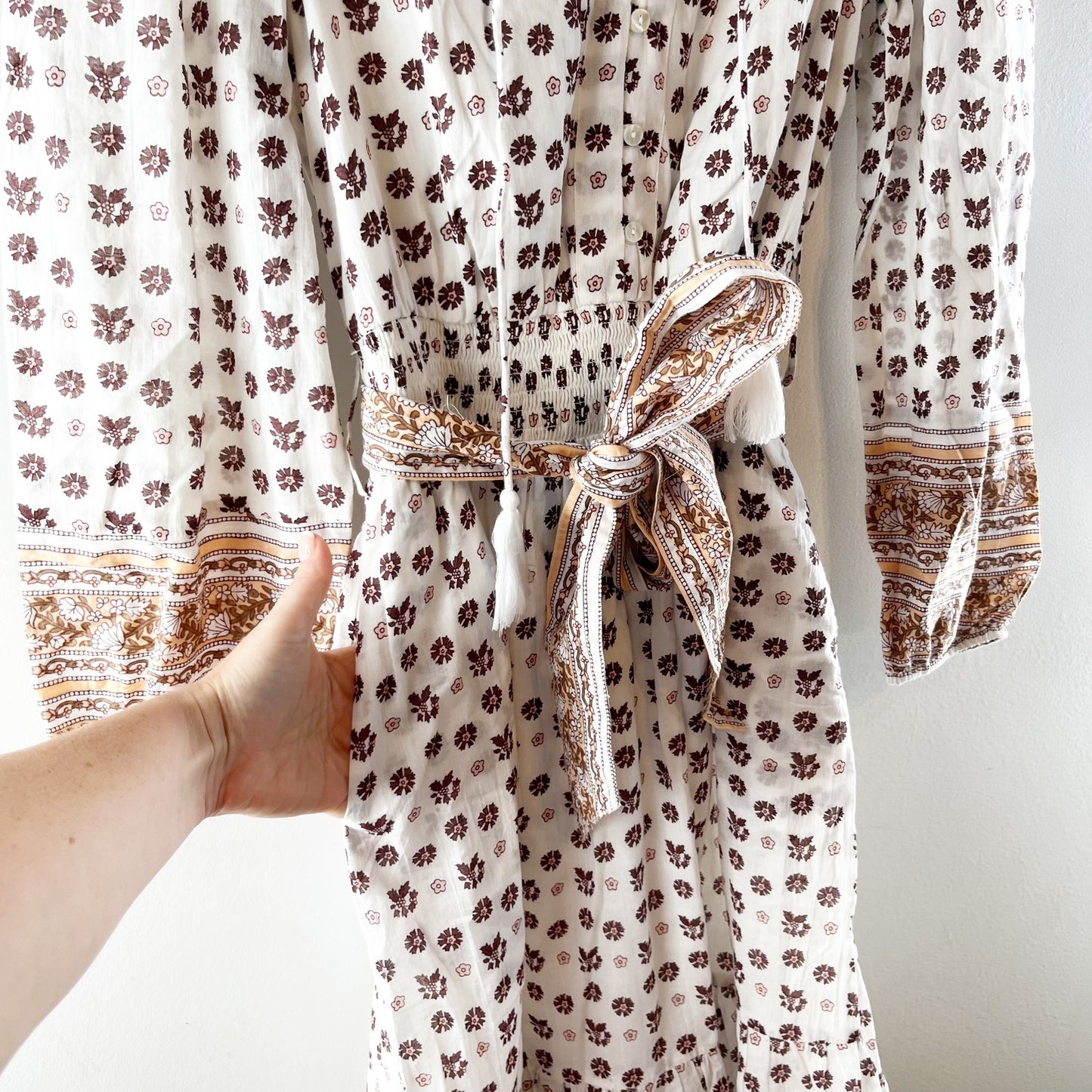 Cleobella Blakely Long Sleeve Tiered Peasant Midi Dress White Beige Large
