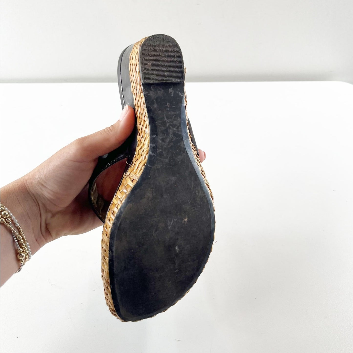 Paolo Dina Patent Leather Slip On Wedge Thong Sandals Loam Brown 8.5