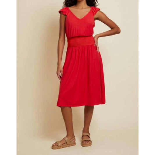 Nation LTD Mina Smocked Waist Ruffled Midi Dress Cherrybomb Red Medium