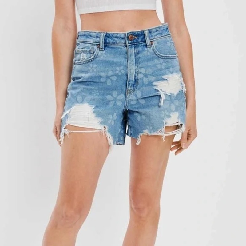 American Eagle Highest Rise Baggy Distressed Floral Cutoff Shorts Blue 6