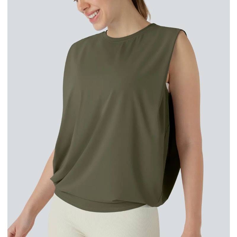 Halara Round Neck Ruched Cool Touch Yoga Tank Top UPF50+ Grass Gray Green XL