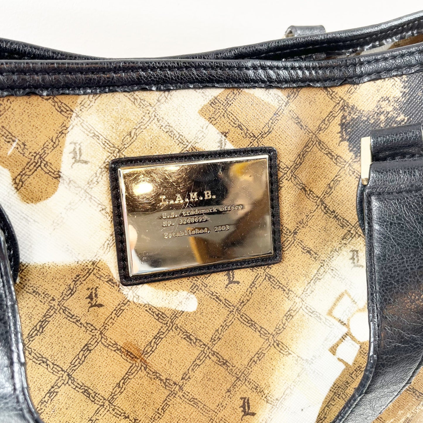 L.A.M.B by Gwen Stefani Stencil Pattern Tote Bag Purse Gold Black