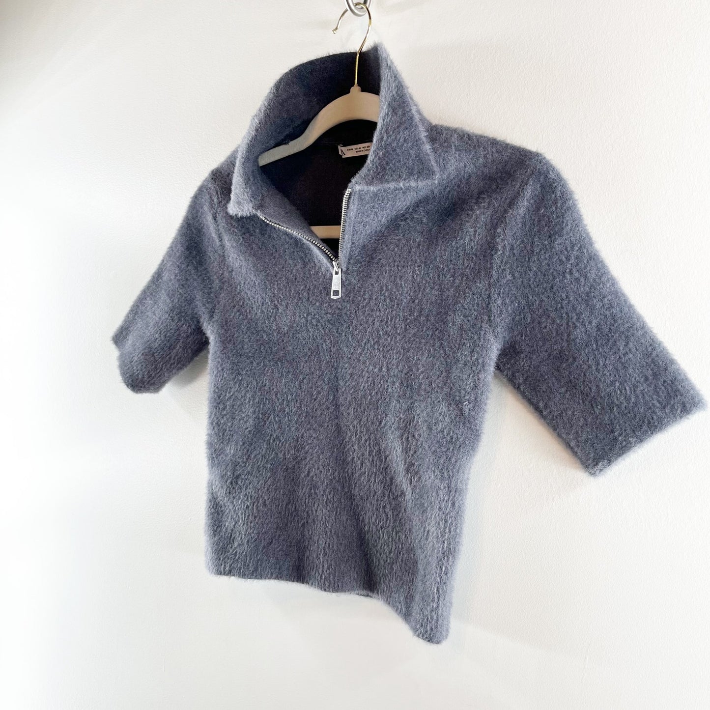 Zara Short Sleeve 1/4 Zip Collared Cropped Faux Polo Top Charcoal Gray Medium