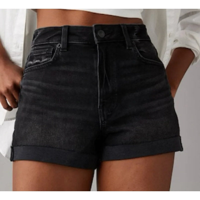 American Eagle Outfitters High Waisted Stretch Denim Mom Jean Short Black 4