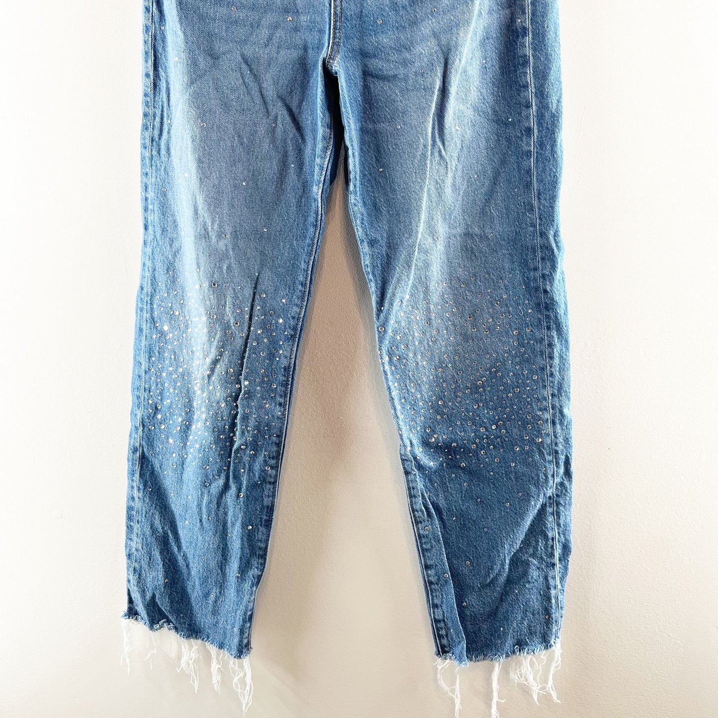 LOFT High Rise Straight Leg Raw Frayed Hem Rhinestone Jeans Blue 2 / 26